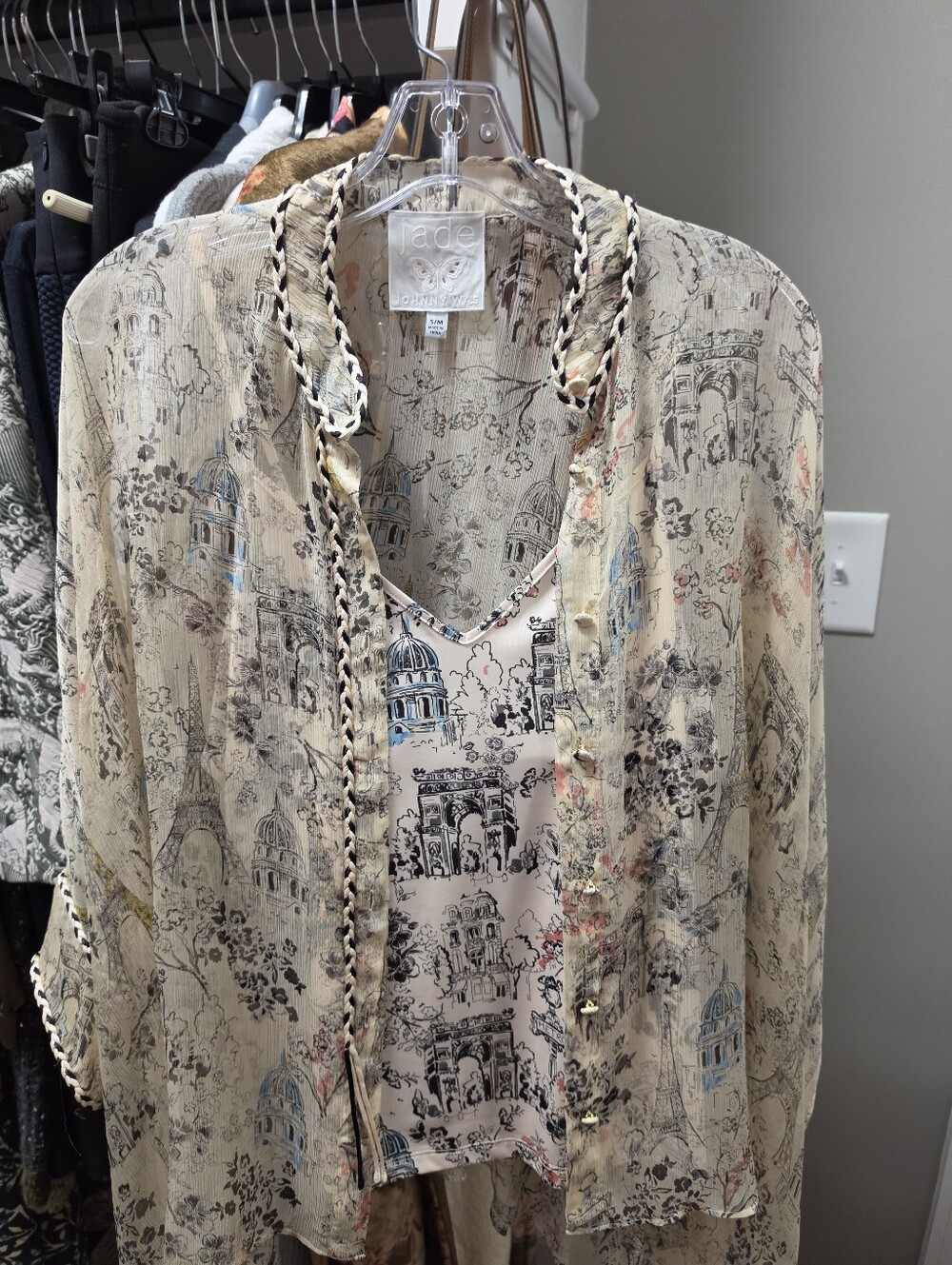 Johnny Was Jade Paris Print Spaghetti Strap Cami With Flowing Button Up Cover